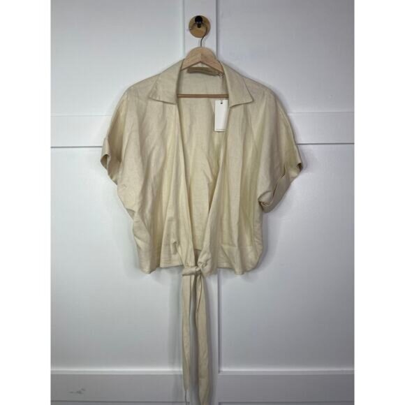 NWT Just Bee Queen Short Sleeves Linen Chiara Cropped Top Vanilla Size: Medium - Picture 3 of 9